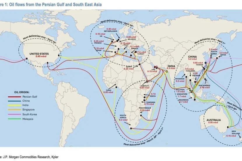 Mapa globalne nestašice goriva prema JP Morgan analizi sa datumima po regionima